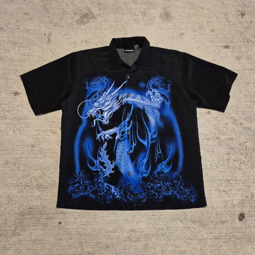 VTG Y2K C-Two Dragon Graphic Shirt Mens XL Black Blue Short Sleeve Button Up AOP